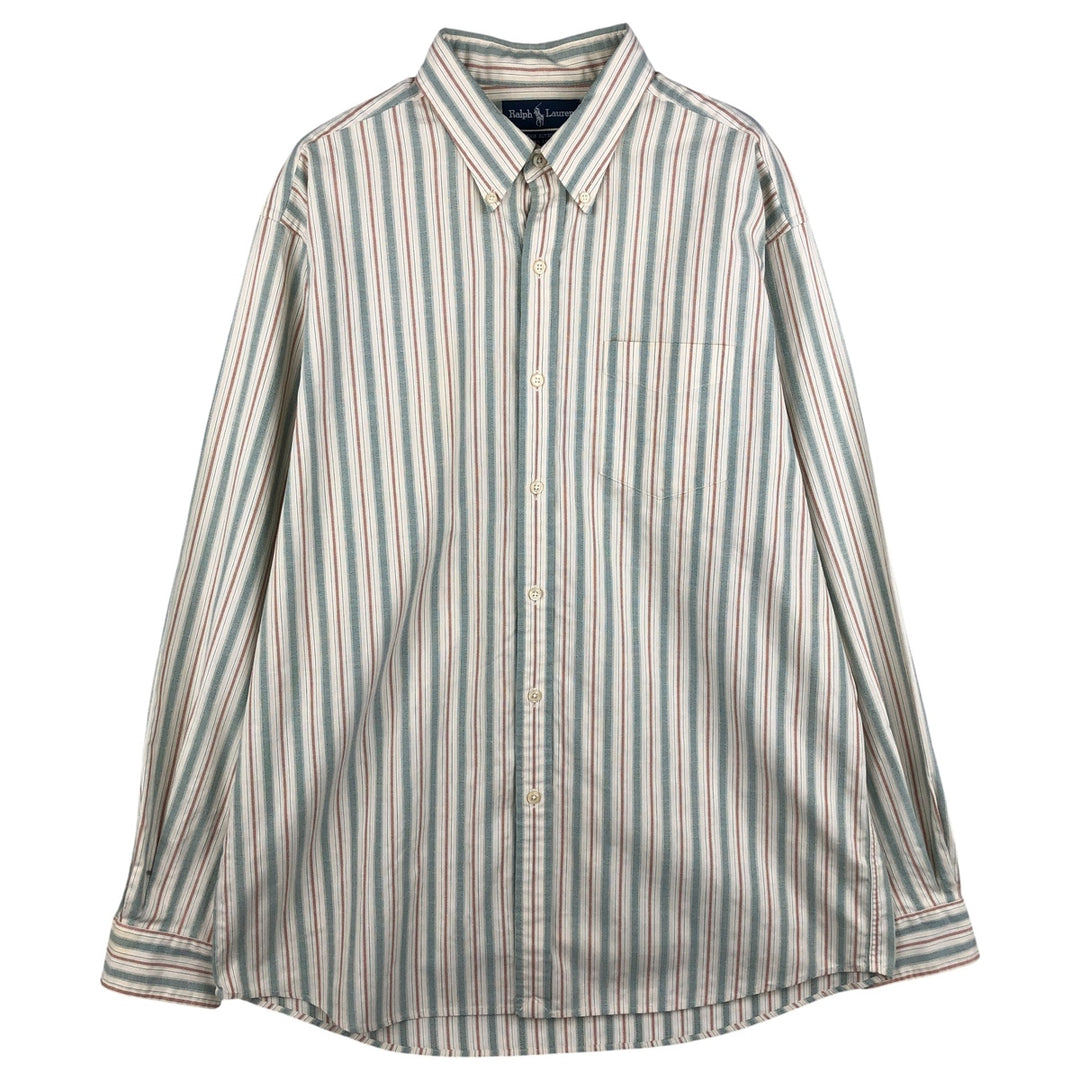 Ralph Lauren Vintage Button-Down Long Sleeve Striped Shirt, Men's Size L cotton Khaki type sage green Vintage Second Hand