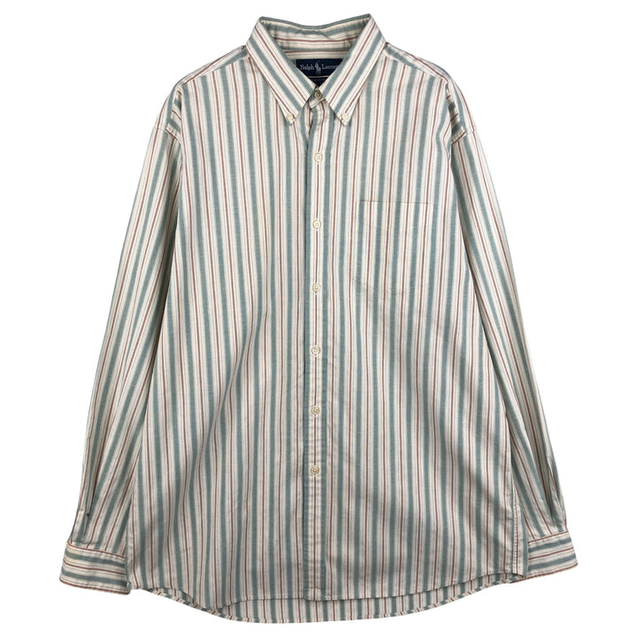 Ralph Lauren Vintage Button-Down Long Sleeve Striped Shirt, Men's Size L cotton Khaki type sage green Vintage Second Hand