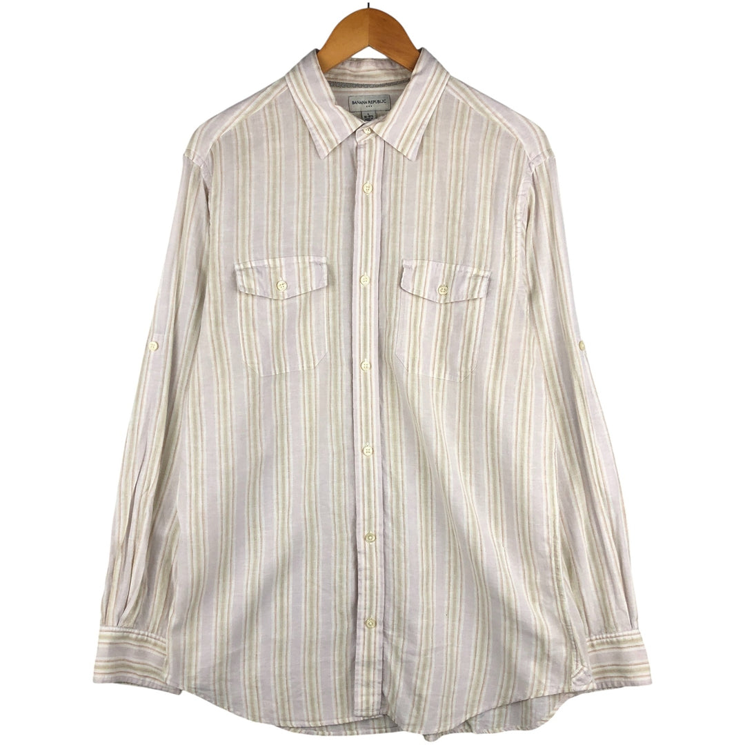 Banana Republic Striped Pattern Long Sleeve Cotton and Linen Shirt, Men's Size L cotton Beige type Vintage Second Hand