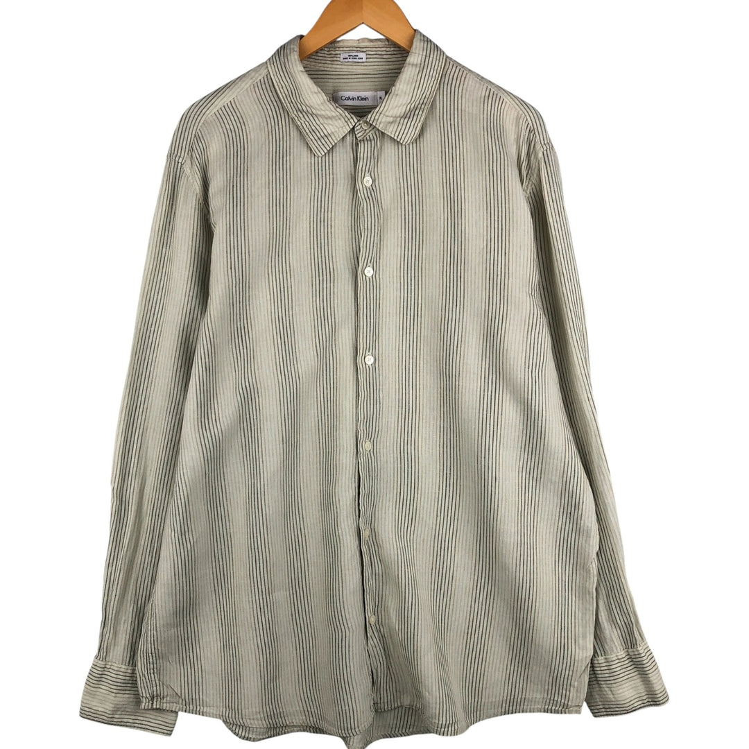 Calvin Klein Striped Pattern Long Sleeve Linen Shirt, Men's Size XL linen Khaki type Vintage Second Hand