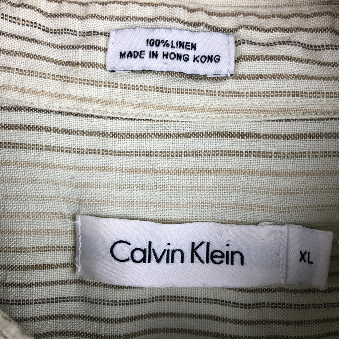 Calvin Klein Striped Pattern Long Sleeve Linen Shirt, Men's Size XL linen Khaki type Vintage Second Hand