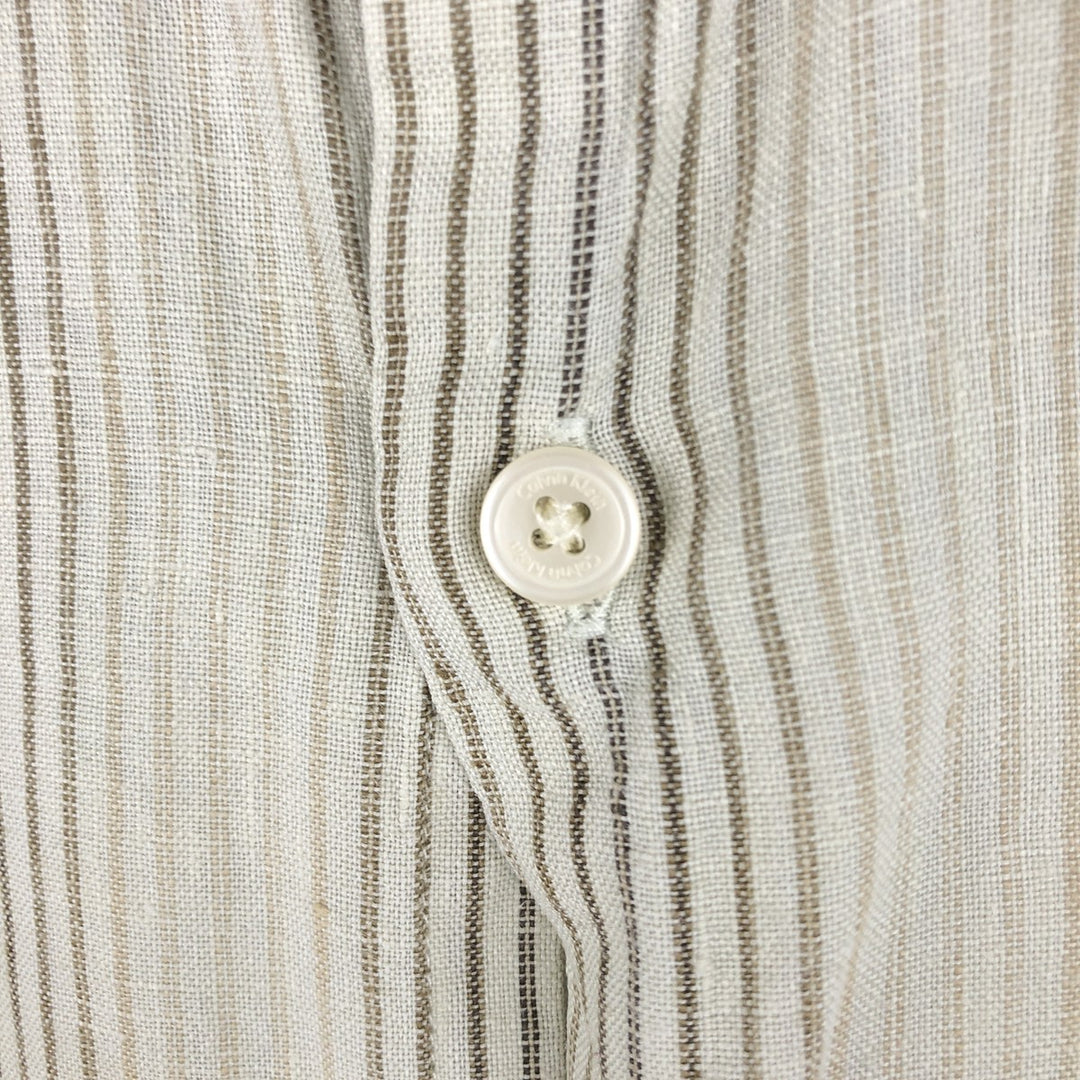 Calvin Klein Striped Pattern Long Sleeve Linen Shirt, Men's Size XL linen Khaki type Vintage Second Hand