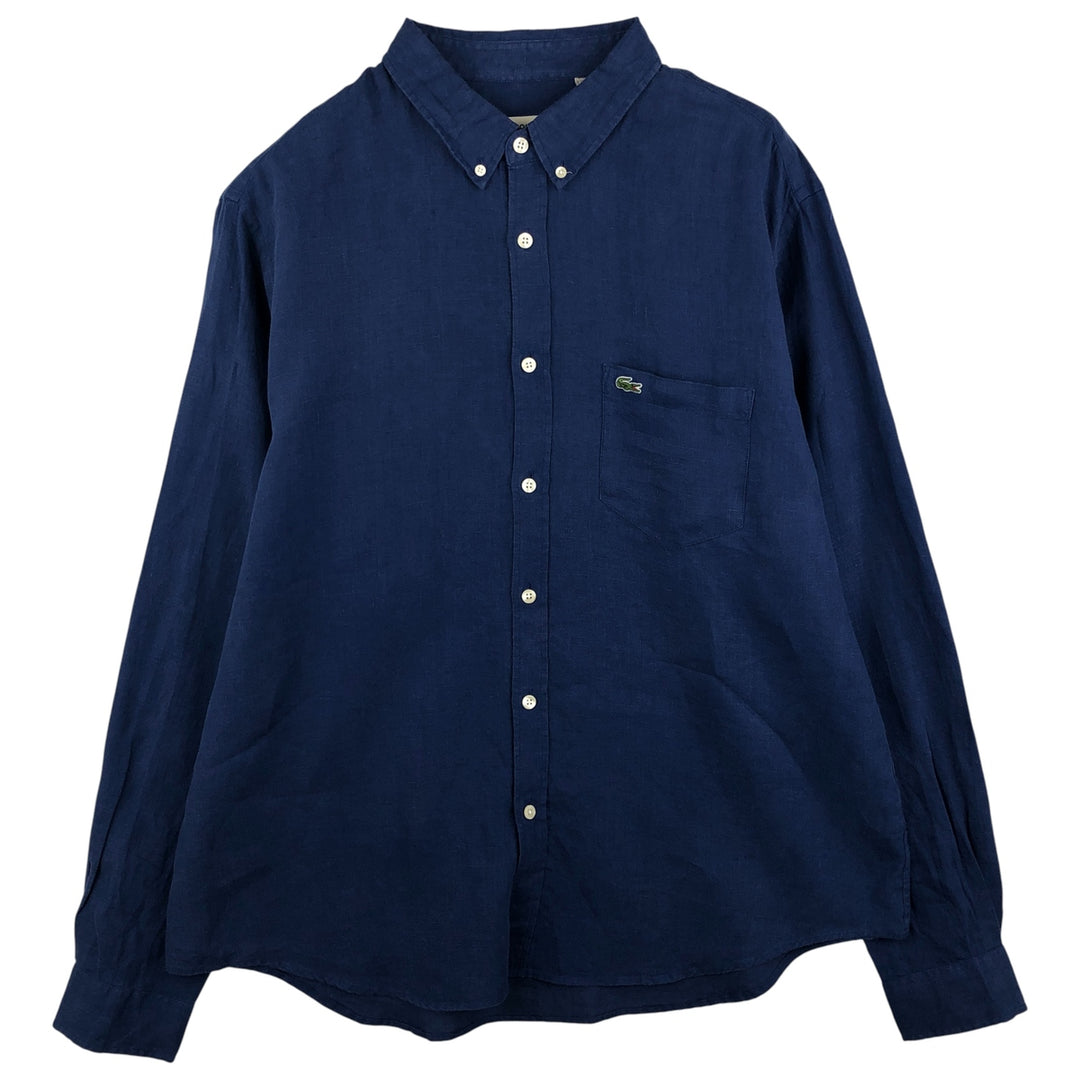 Lacoste Regular Fit Long Sleeve Linen Button-Down Shirt, Men's XXL linen Navy blue Vintage Second Hand