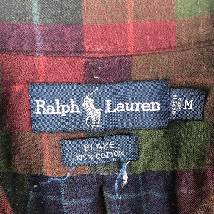 Ralph Lauren BLAKE Check Pattern Long Sleeve Button-Down Light Flannel Check Shirt, Men's Size Medium cotton green type Vintage Second Hand