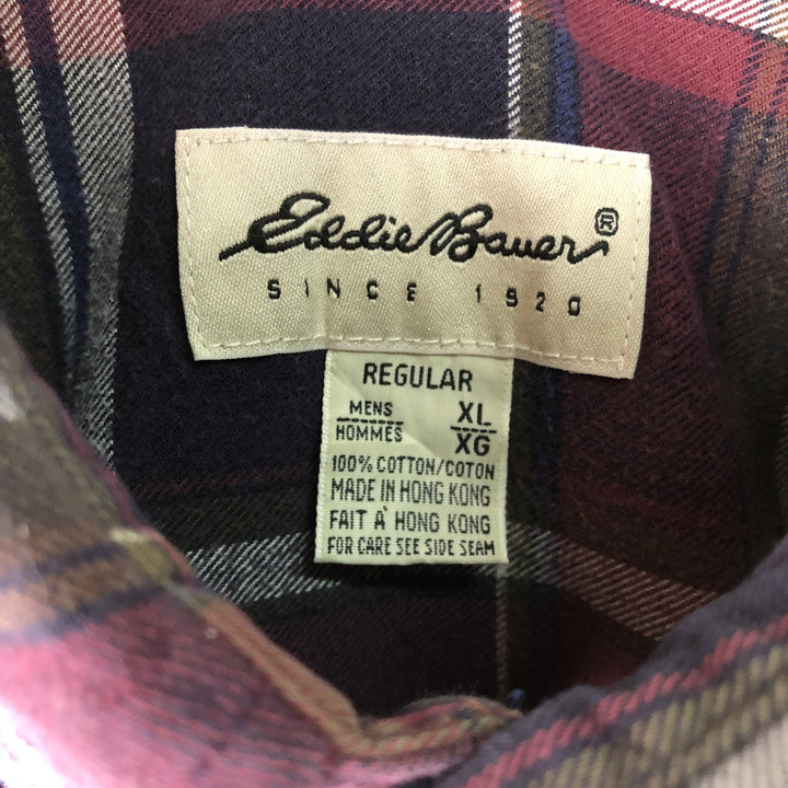 Eddie Bauer Long Sleeve Button-Down Light Flannel Check Shirt, Men's XL cotton Red type red-purple Vintage Second Hand