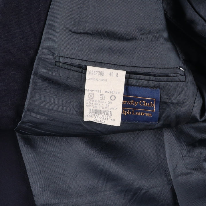 80s-90'S Ralph Lauren POLO UNIVERSITY CLUB navy blazer/tailored jacket, made in Canada, men's size M equivalent. wool navy blue type Vintage Second Hand