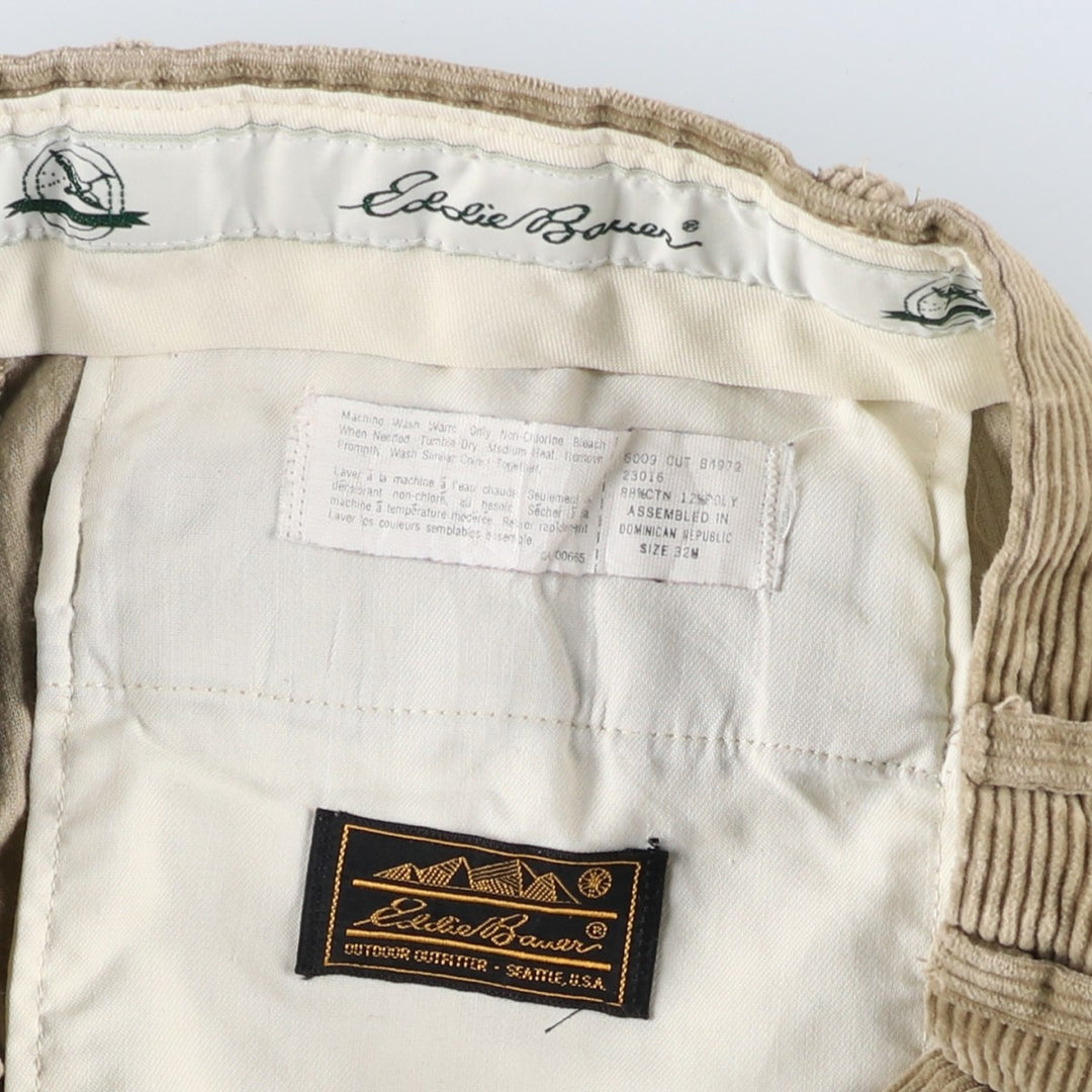 80s-90'S Eddie Bauer Black Tag Two-Pleated Wide-Rib Corduroy Pants Men's Size 34 cotton Beige type Vintage Second Hand