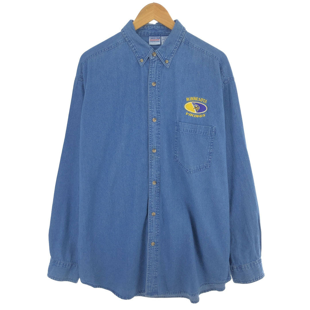 TRUE FAN NFL MINNESOTA VIKINGS Minnesota Vikings Embroidered Long Sleeve Button Down Denim Shirt Men's XL /eaa460673