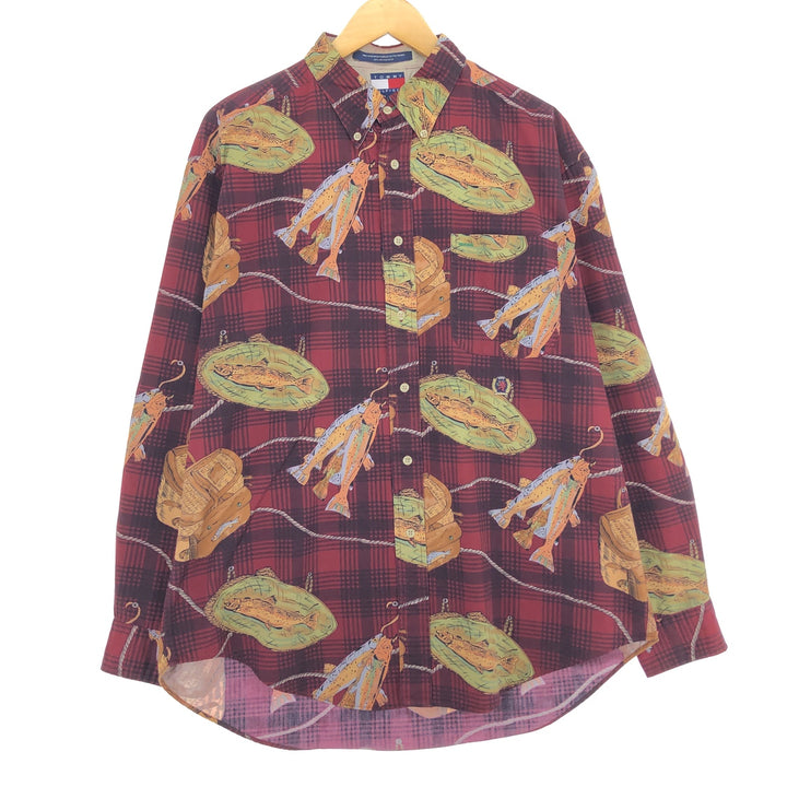 90'S Tommy Hilfiger Fish Pattern Long Sleeve Button Down Check Shirt Men's L Vintage /eaa461300
