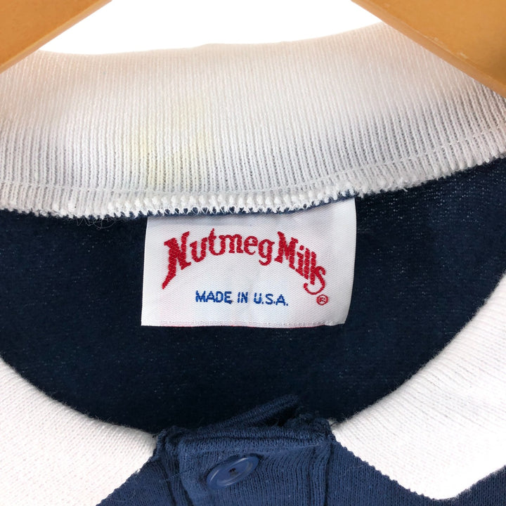 90'S NUTMEG MILLS US NAVY Striped Pattern Collared Printed Sweatshirt Trainer Made in USA Men's L Size Vintage /eaa462485