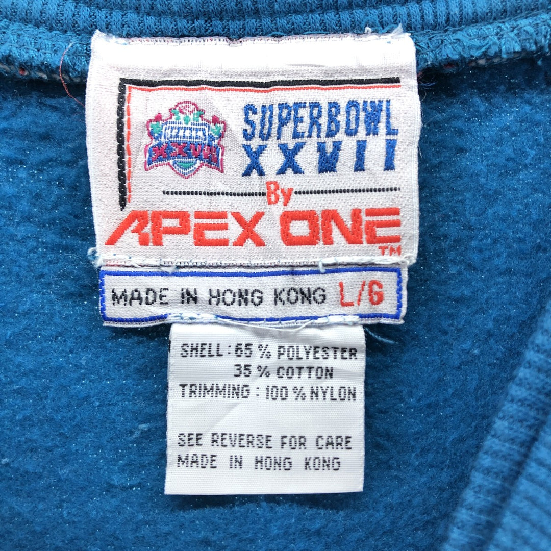 90'S APEX ONE SUPER BOWL XXVII 27th Super Bowl V-neck sweatshirt, men's size L, vintage / eaa462536