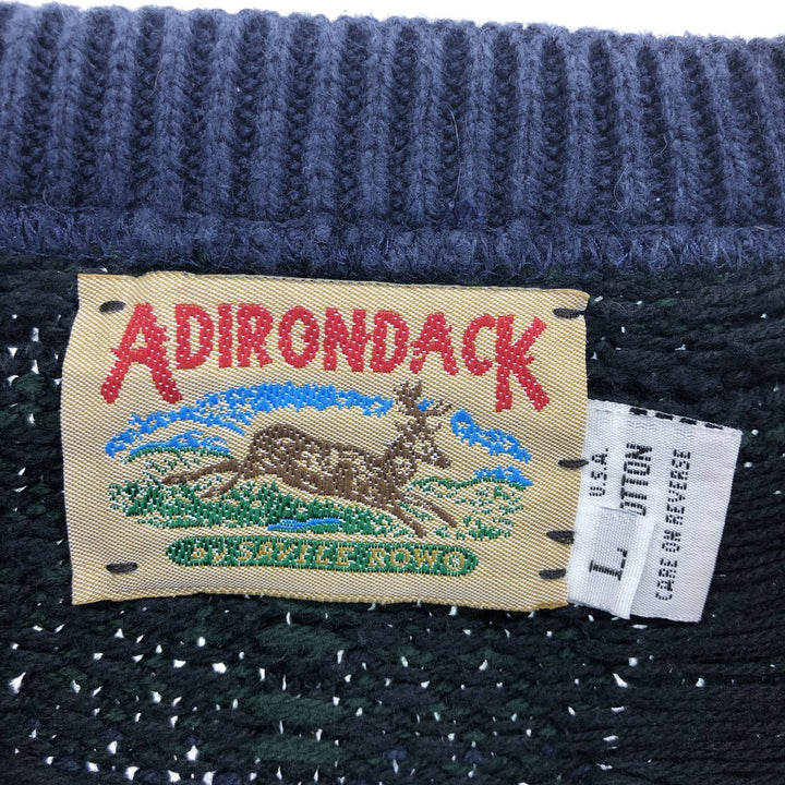 Vintage 90'S ADIRONDACK all-over print cotton knit sweater, made in the USA, size L, men's cotton navy blue type Vintage Second Hand