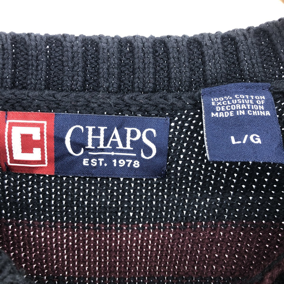 CHAPS Border Pattern Cotton Knit Sweater, Men's Size L cotton burgundy type Vintage Second Hand