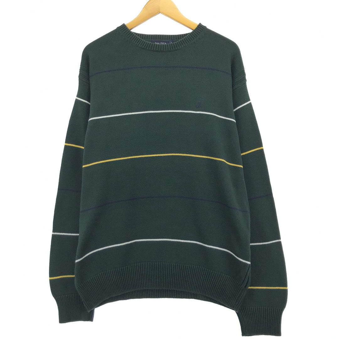 2000'S Nautica Striped Cotton Knit Sweater, Made in USA, Men's XL cotton Green type dark green Vintage Second Hand