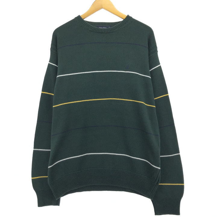 2000'S Nautica Striped Cotton Knit Sweater, Made in USA, Men's XL cotton Green type dark green Vintage Second Hand