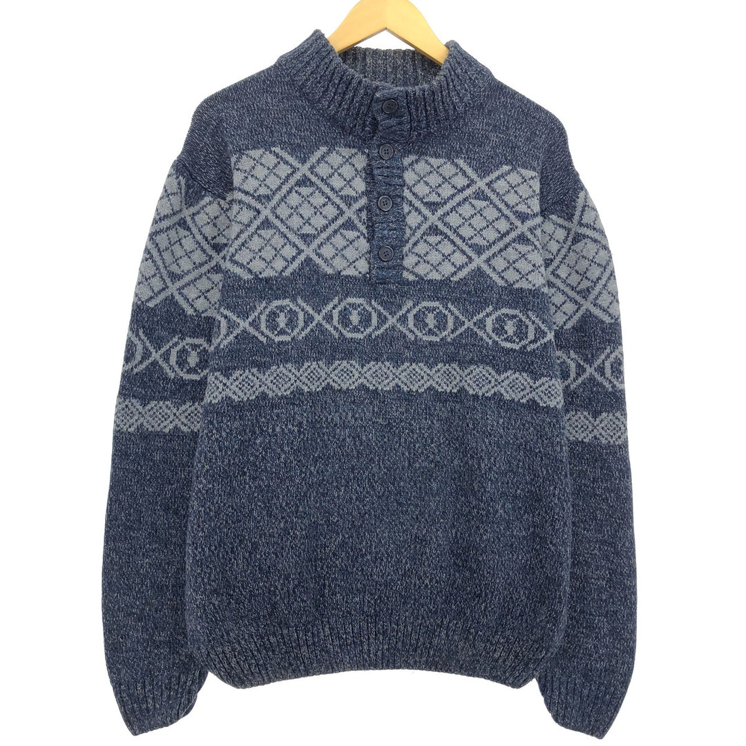 BLUE All-Over Print Acrylic Knit Half-Button Sweater, Men's Size XL acrylic blue type Vintage Second Hand