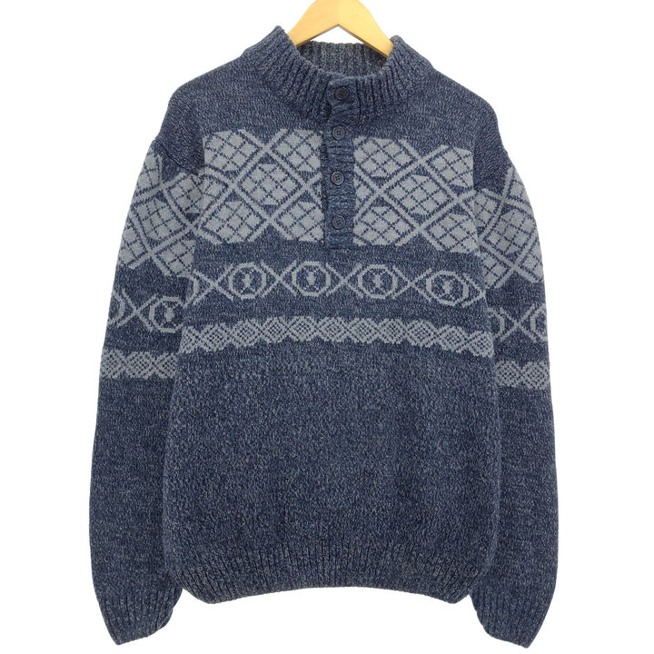 BLUE All-Over Print Acrylic Knit Half-Button Sweater, Men's Size XL acrylic blue type Vintage Second Hand