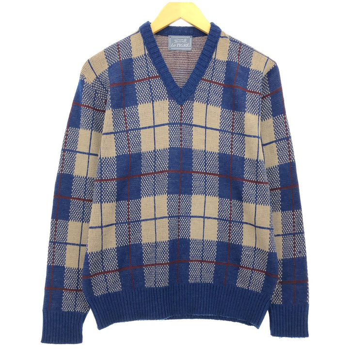 Le TIGRE Check Pattern V-Neck Acrylic Knit Sweater, Made in USA, Men's Size M acrylic navy blue type Vintage Second Hand