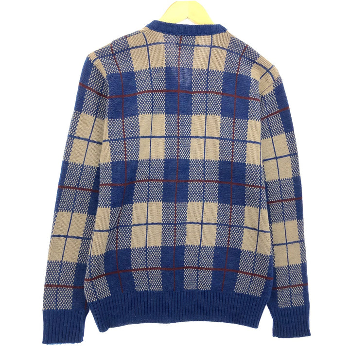 Le TIGRE Check Pattern V-Neck Acrylic Knit Sweater, Made in USA, Men's Size M acrylic navy blue type Vintage Second Hand