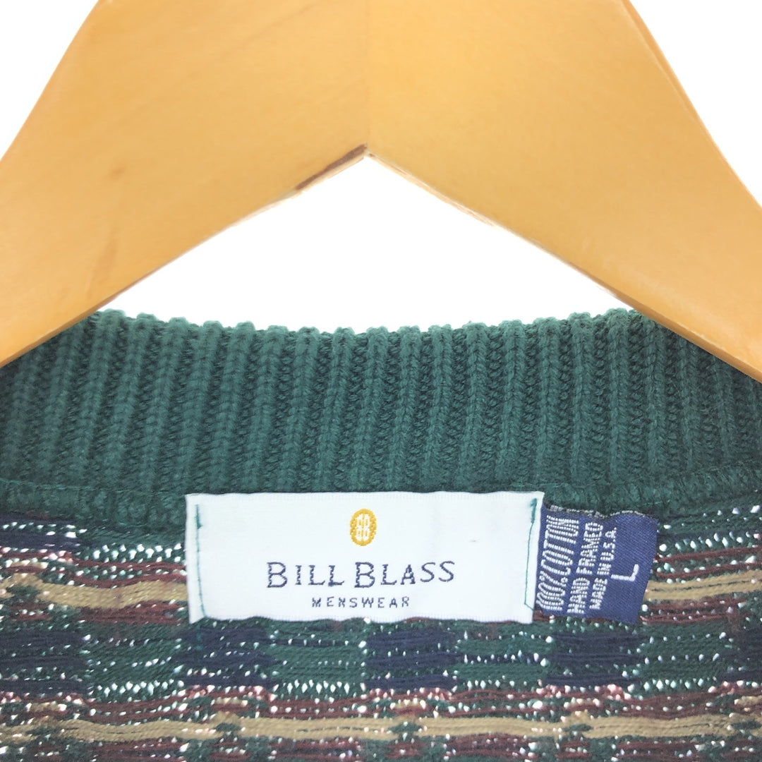 BILL BLASS All-Over Print Cotton Knit Sweater, Made in USA, Men's Size L cotton green type Vintage Second Hand