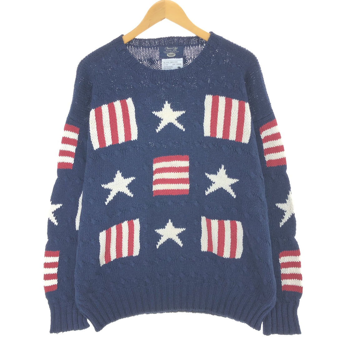 CLASSIC STYLE All-Over Star Pattern Linen and Cotton Knit Sweater, Men's Size L linen navy blue type Vintage Second Hand