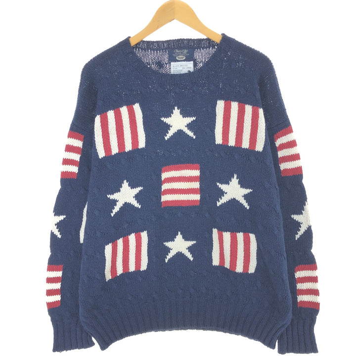CLASSIC STYLE All-Over Star Pattern Linen and Cotton Knit Sweater, Men's Size L linen navy blue type Vintage Second Hand
