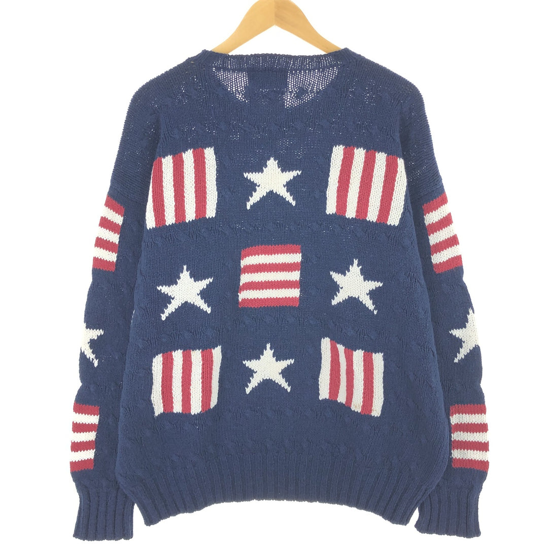 CLASSIC STYLE All-Over Star Pattern Linen and Cotton Knit Sweater, Men's Size L linen navy blue type Vintage Second Hand