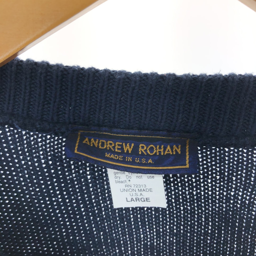 ANDREW ROHAN Cotton Knit Sweater, Made in USA, Men's Size L cotton navy blue type Vintage Second Hand