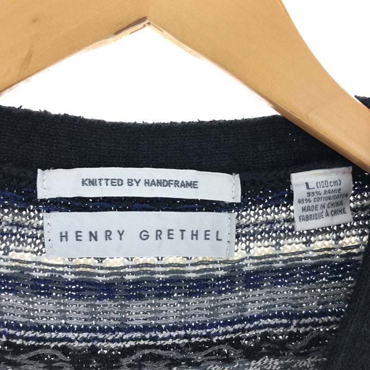 HENRY GRETHEL All-over print, open-front ramie x cotton knit vest L /eaa463681