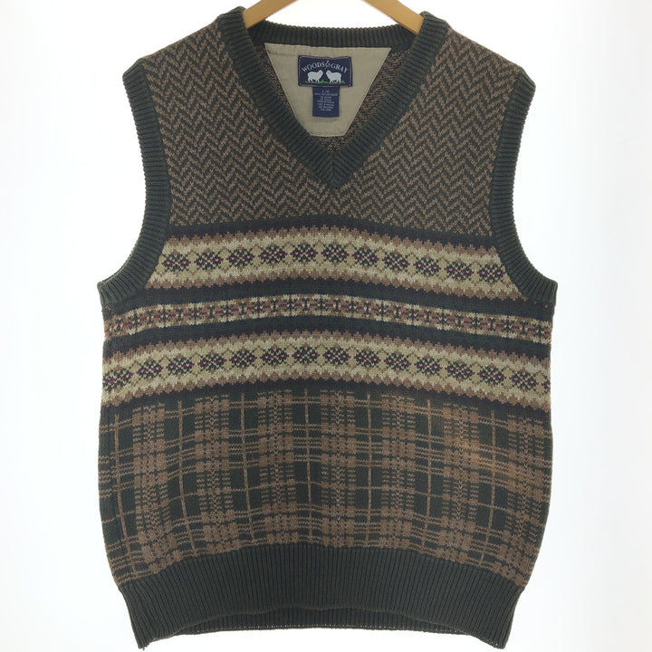 WOODS AND GRAY all-over print V-neck cotton knit vest, men's size L /eaa463832