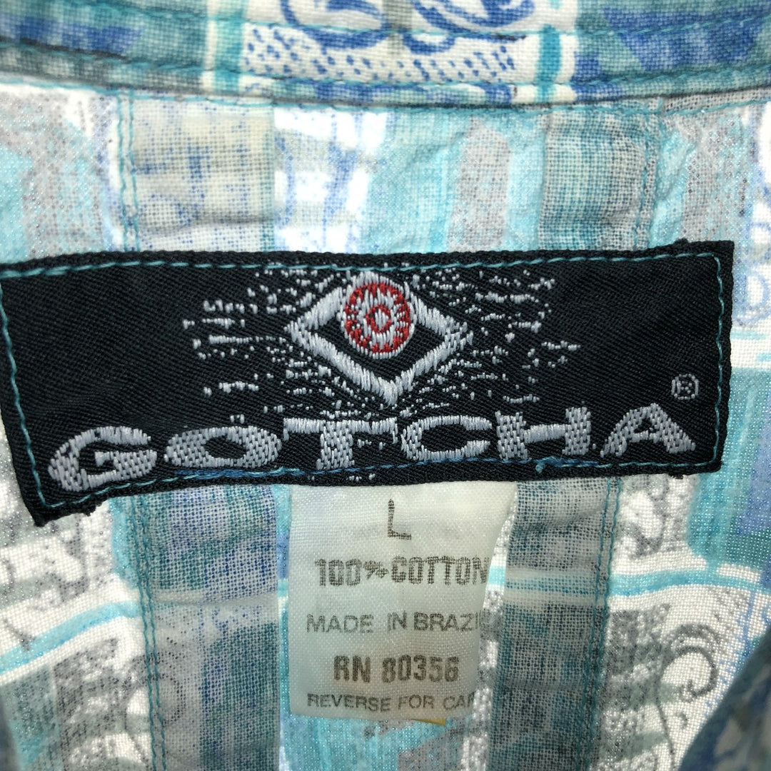 GOTCHA All-over Print Button-Down Hawaiian Aloha Shirt, Men's Size L cotton Blue type light blue Vintage Second Hand