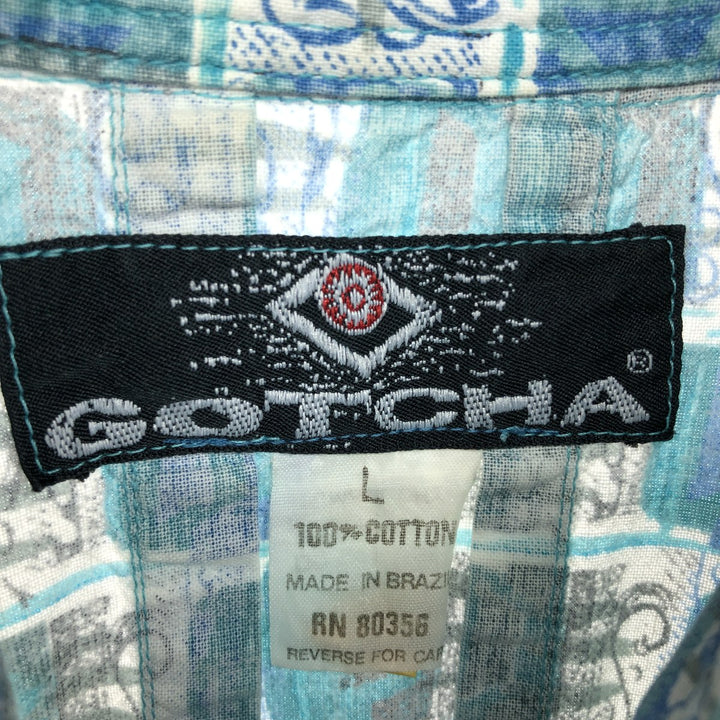 GOTCHA All-over Print Button-Down Hawaiian Aloha Shirt, Men's Size L cotton Blue type light blue Vintage Second Hand