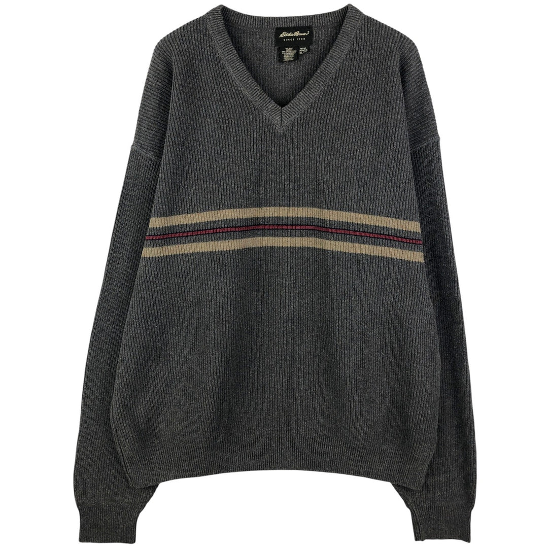2000'S Eddie Bauer Ribbed V-Neck Cotton Knit Sweater, Made in USA, Men's Size XL cotton gray type Vintage Second Hand