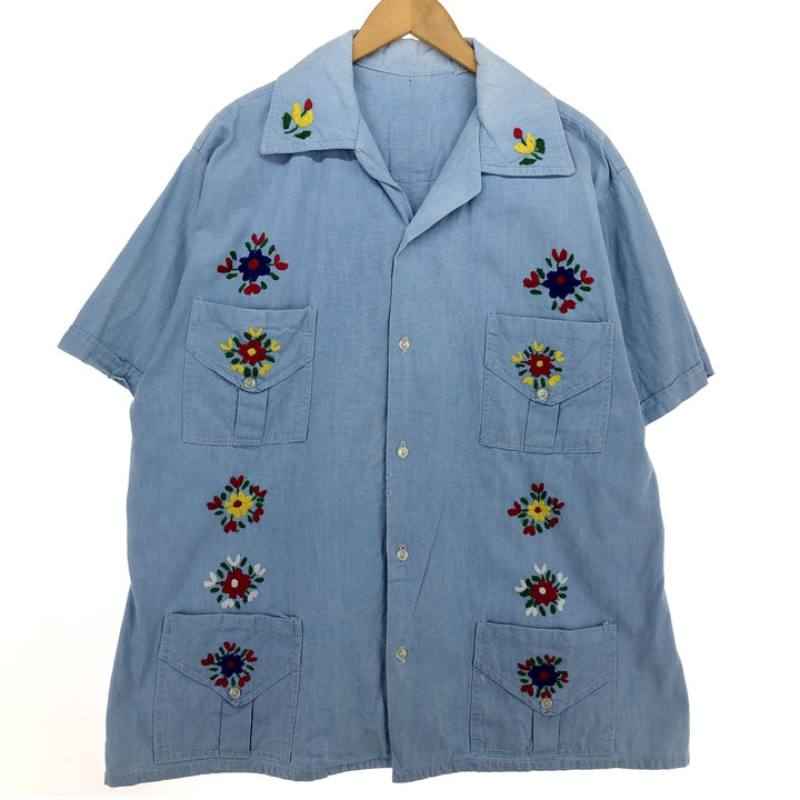 70'S UNKNOWN Floral Open Collar Short Sleeve Chambray Shirt Men's XL Vintage /eaa466980