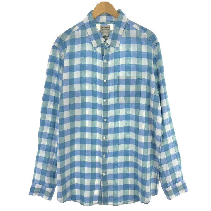 00'S LLBean SLIGHTLY FITTED Check Pattern Long Sleeve Linen Shirt Men's L Size Vintage /eaa469533