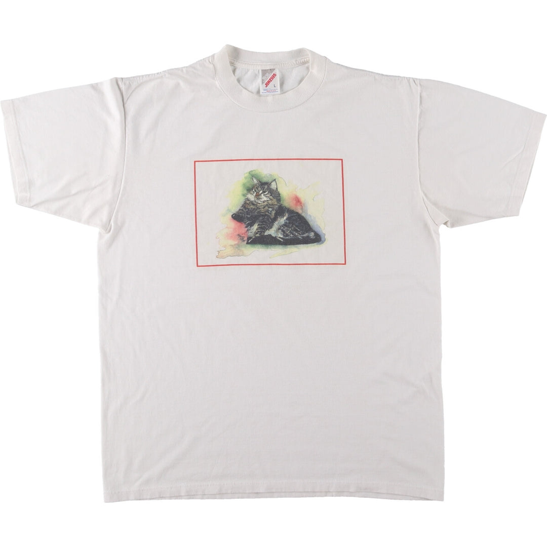 90'S Jerzees 50/50 HEAVWEIGHT Cat Pattern Animal T-shirt Made in USA Men's L size Vintage /eaa469731