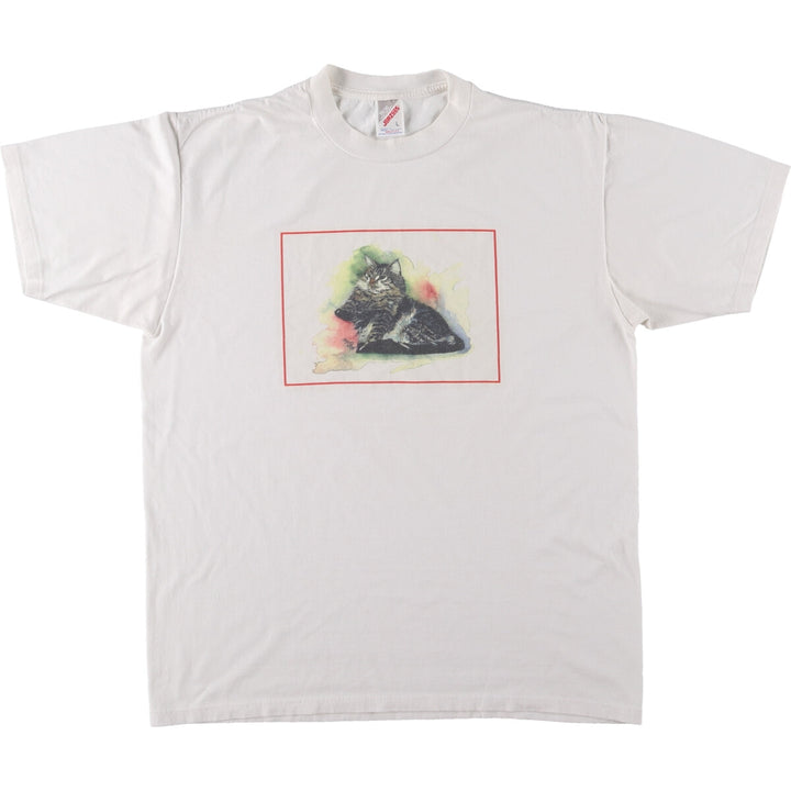 90'S Jerzees 50/50 HEAVWEIGHT Cat Pattern Animal T-shirt Made in USA Men's L size Vintage /eaa469731