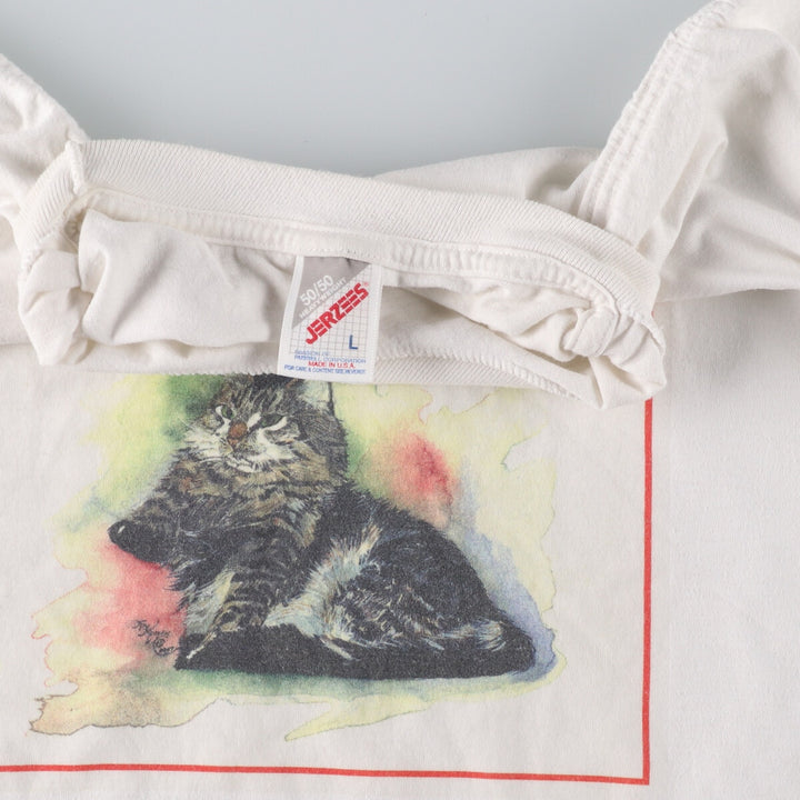 90'S Jerzees 50/50 HEAVWEIGHT Cat Pattern Animal T-shirt Made in USA Men's L size Vintage /eaa469731