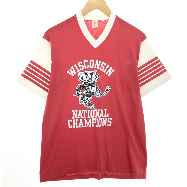 80'S WISCONSIN University of Wisconsin V-neck college T-shirt made in USA, men's size L, vintage /eaa469834