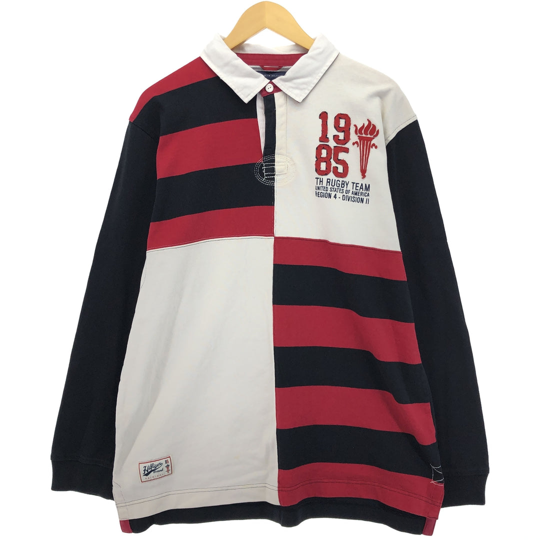 Tommy Hilfiger Border Pattern Crazy Pattern Long Sleeve Rugby Shirt, Men's XL cotton black type Vintage Second Hand