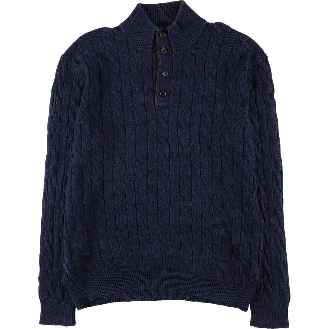 Ralph Lauren POLO RALPH LAUREN cable knit half-button high-neck knit sweater, men's size XL cotton navy blue type Vintage Second Hand