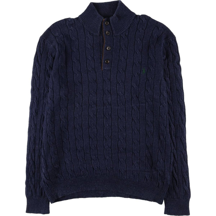 Ralph Lauren POLO RALPH LAUREN cable knit half-button high-neck knit sweater, men's size XL cotton navy blue type Vintage Second Hand