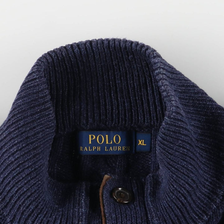 Ralph Lauren POLO RALPH LAUREN cable knit half-button high-neck knit sweater, men's size XL cotton navy blue type Vintage Second Hand