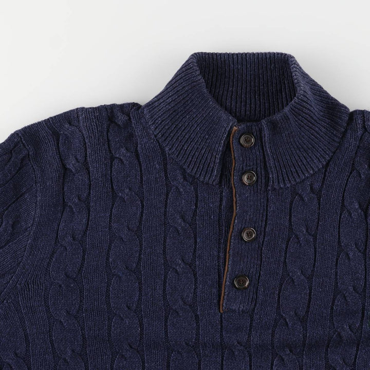 Ralph Lauren POLO RALPH LAUREN cable knit half-button high-neck knit sweater, men's size XL cotton navy blue type Vintage Second Hand