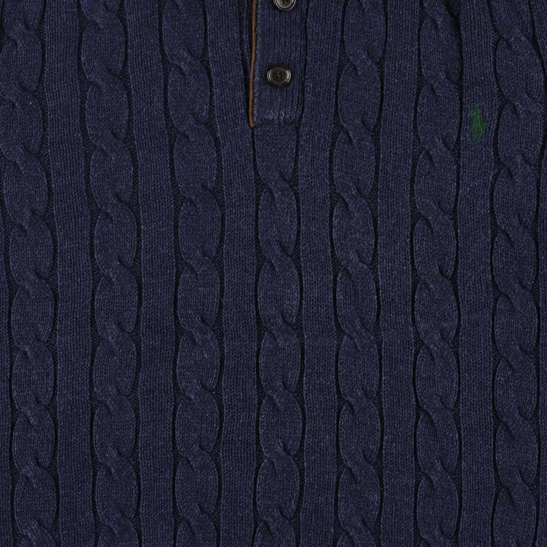 Ralph Lauren POLO RALPH LAUREN cable knit half-button high-neck knit sweater, men's size XL cotton navy blue type Vintage Second Hand
