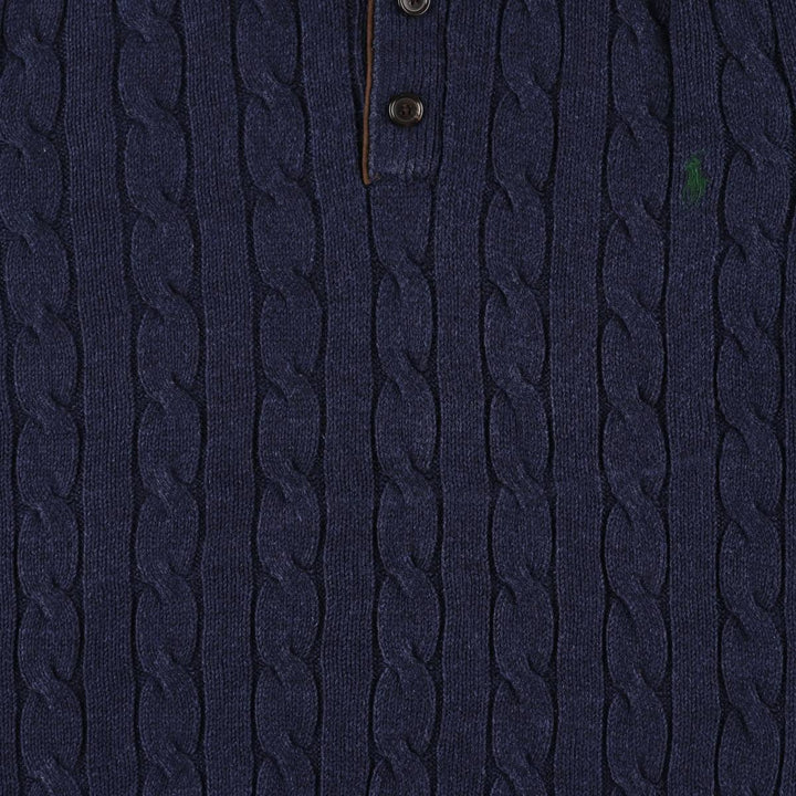 Ralph Lauren POLO RALPH LAUREN cable knit half-button high-neck knit sweater, men's size XL cotton navy blue type Vintage Second Hand