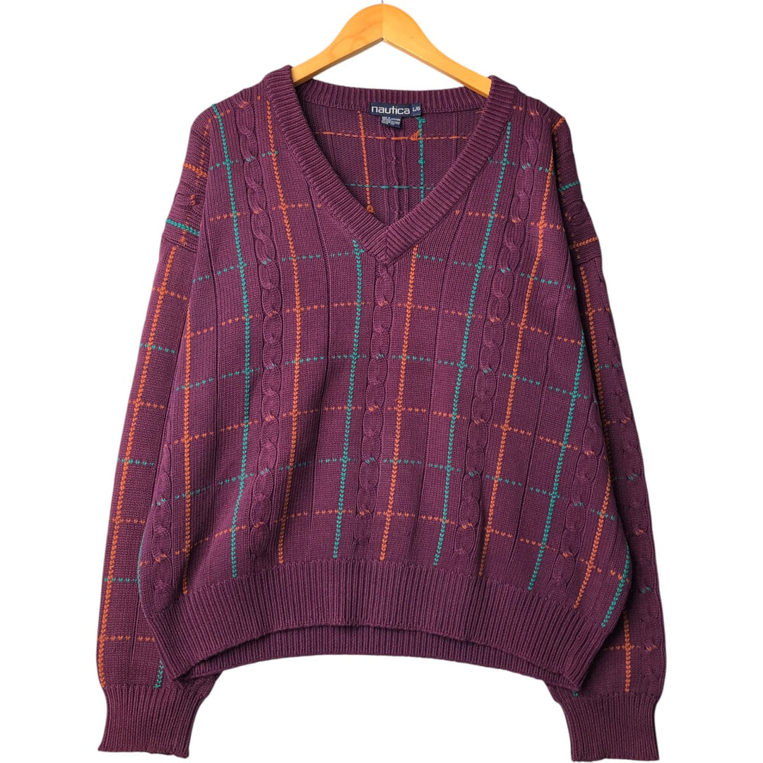 90'S NAUTICA Check Pattern V-neck Cotton Knit Sweater Men's Size L Vintage cotton purple type Vintage Second Hand