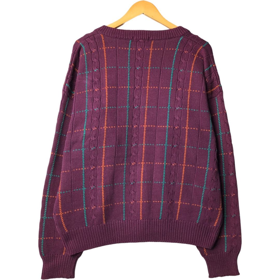 90'S NAUTICA Check Pattern V-neck Cotton Knit Sweater Men's Size L Vintage cotton purple type Vintage Second Hand