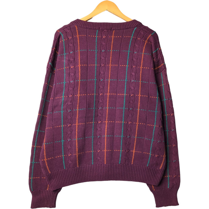 90'S NAUTICA Check Pattern V-neck Cotton Knit Sweater Men's Size L Vintage cotton purple type Vintage Second Hand