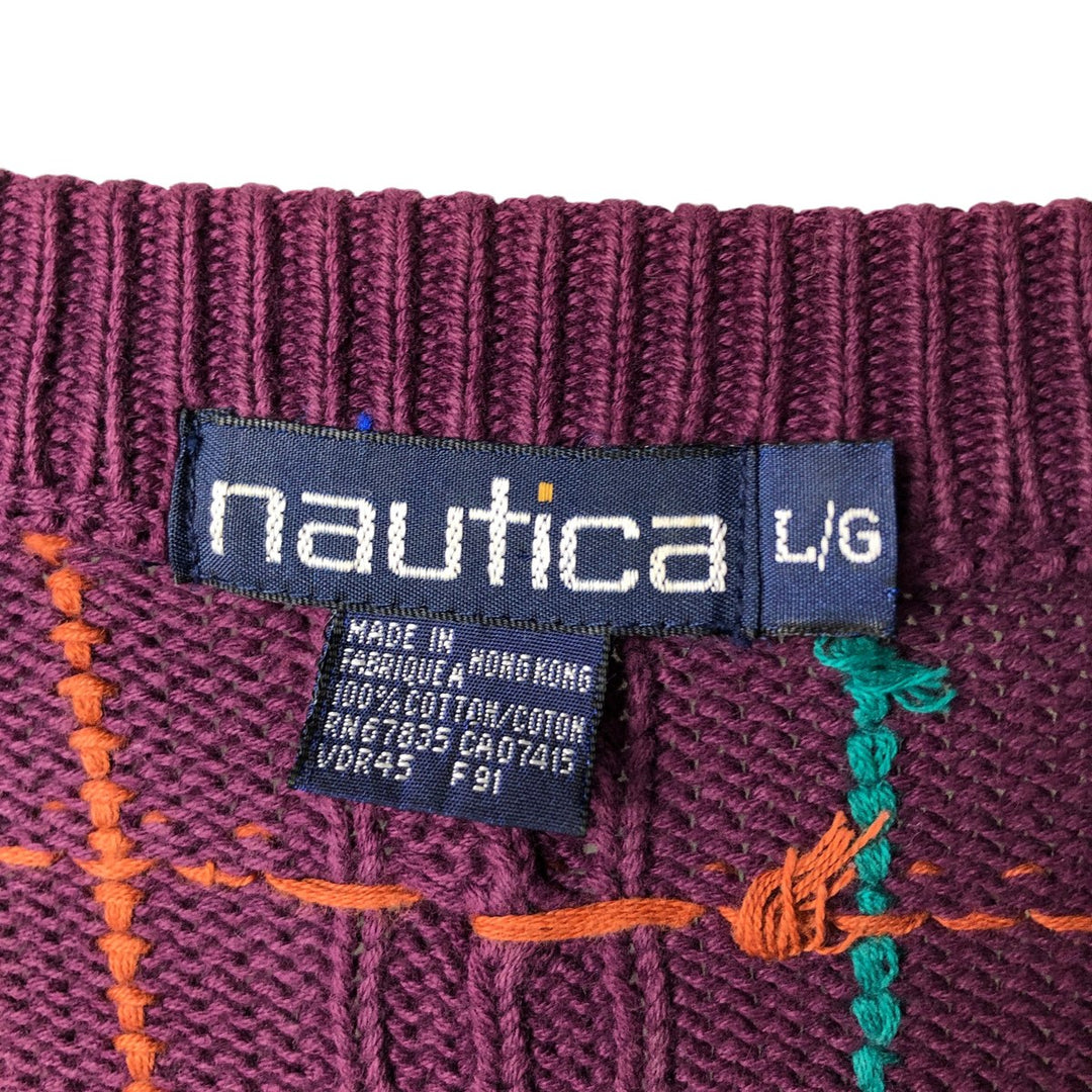 90'S NAUTICA Check Pattern V-neck Cotton Knit Sweater Men's Size L Vintage cotton purple type Vintage Second Hand